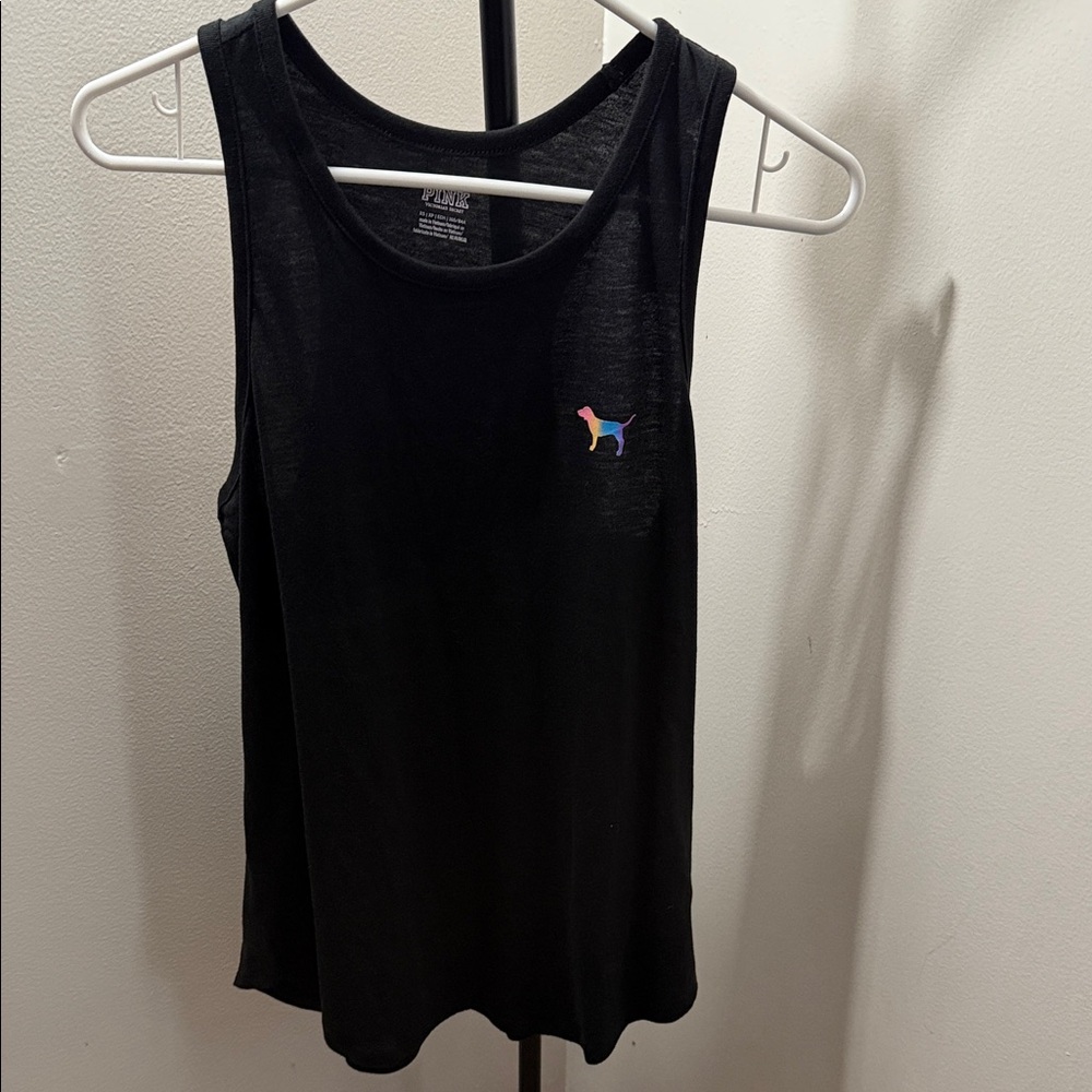 PINK Victoria's Secret Black Tank Top with Rainbow Dog Logo